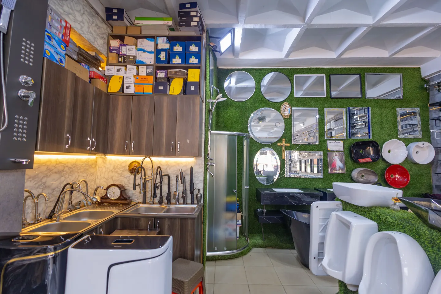 Shower mixers, water heaters and sanitary ware in the showroom