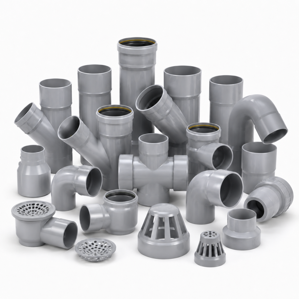 Unbranded collection of grey PVC plumbing pipes, traps and fittings