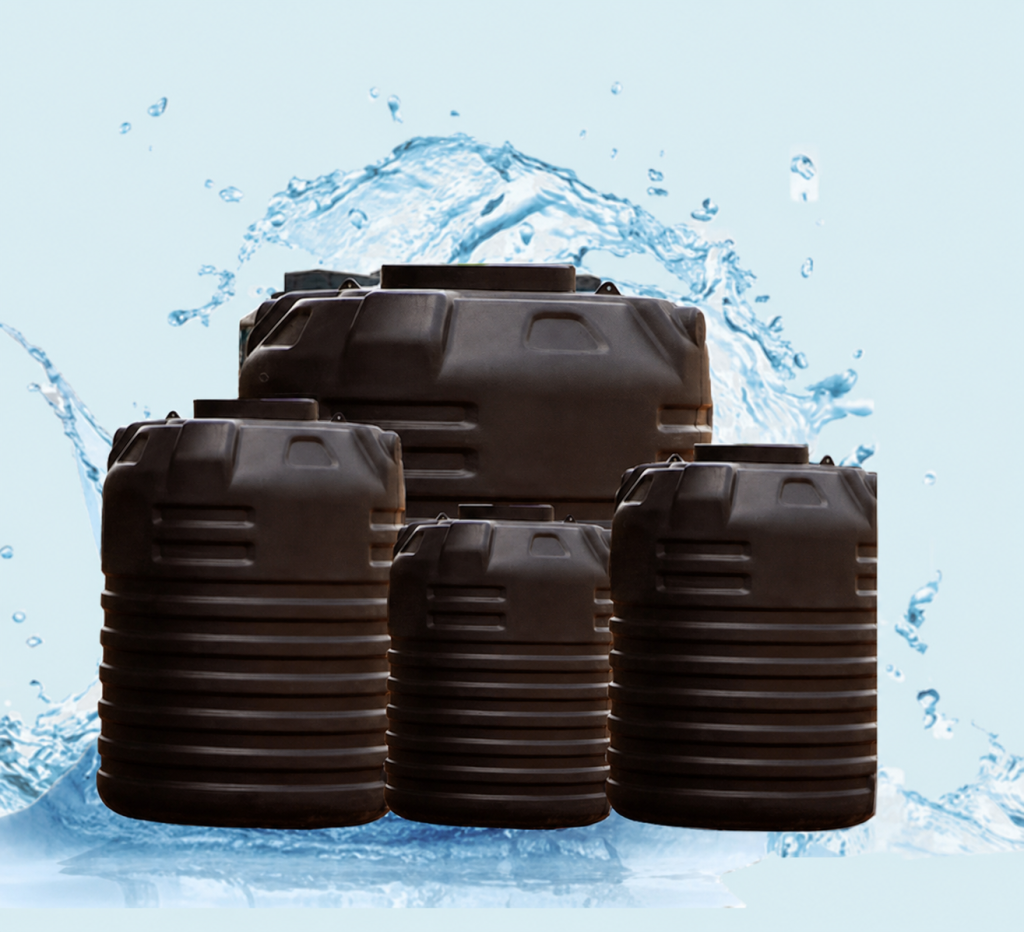 Unbranded black water storage tanks in different sizes